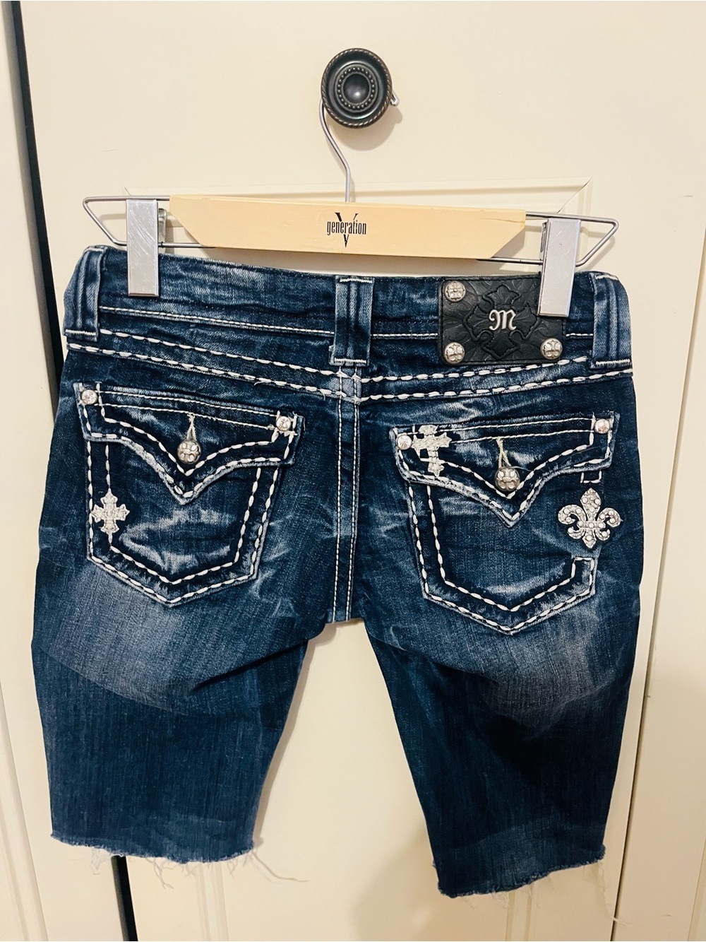 Miss Me Dark Blue Embellished Cropped Denim Shorts
